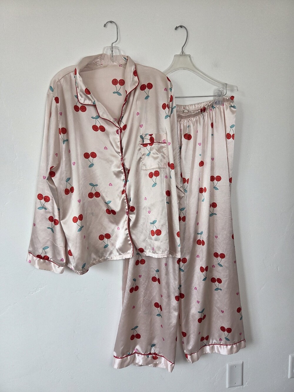 Plus Size Cherry Print Satin Pajama Set Button Two Piece Pink 3X/4X Honeymoon